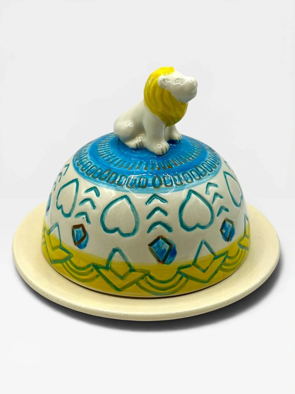 Anthropologie Lion Lidded Dome  Ceramic Butter Dish with Lion Finial Handpainted